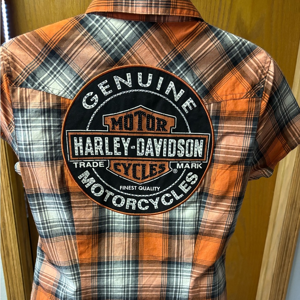 Harley-Davidson Women’s Orange and Black Plaid Shirt